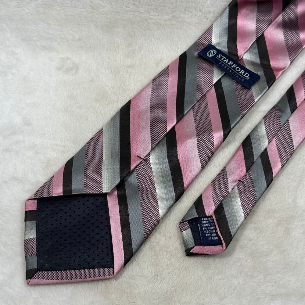 Stafford Essentials Mens Pink Gray Black Striped Polyester Hand Made Necktie